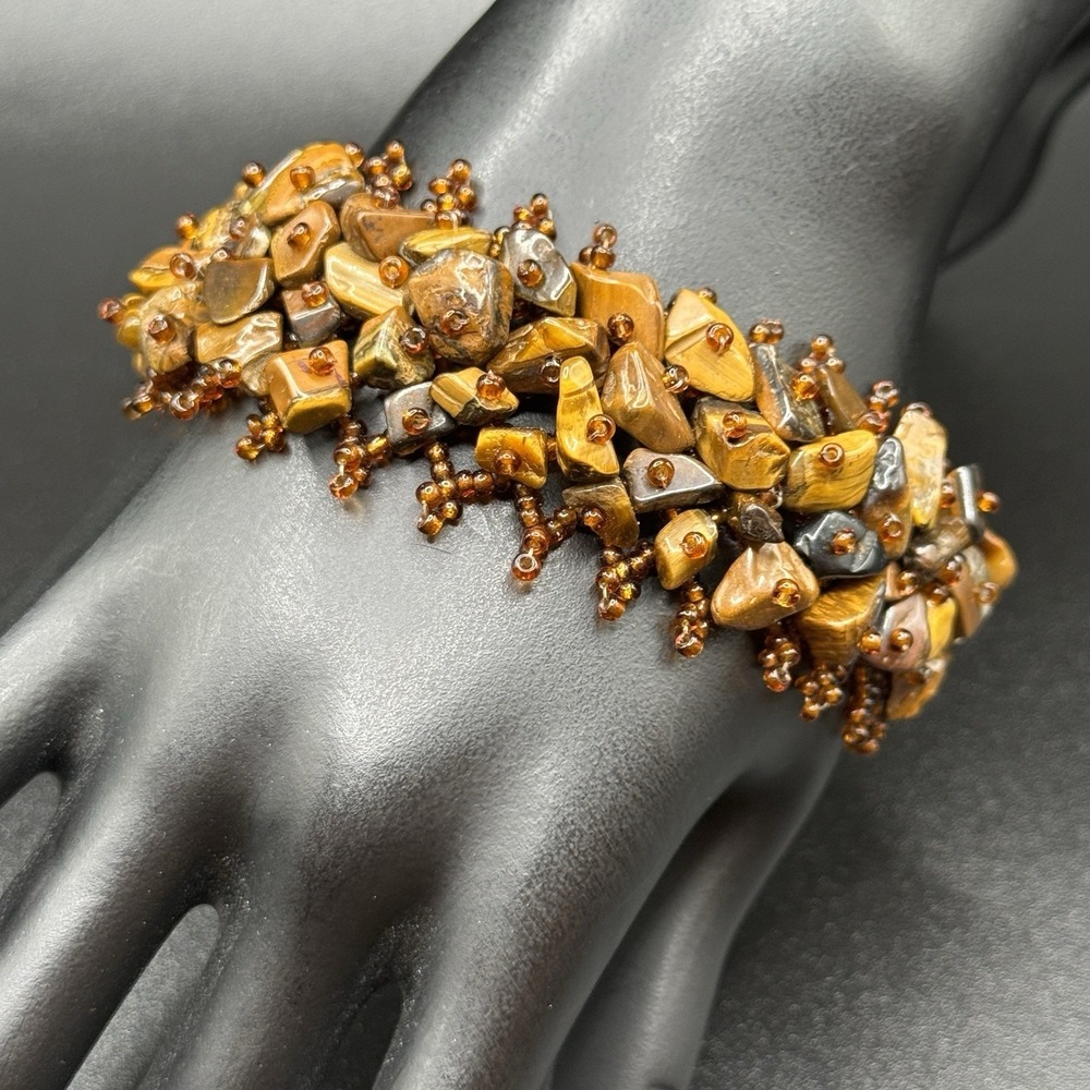 Vintage Woven Tiger Eye Chip Cuff Bracelet Cha Cha Boho Beaded Wide Classic 6"